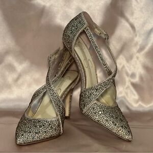Jessica Simpson Womens Accile Gold Champagne Silver Jeweled Heels Pumps Shoes